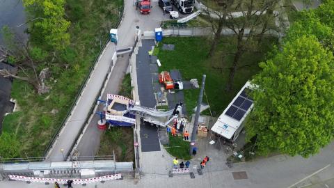 Bild 1:  Baustellenansicht aus der Vogelperspektive beim Einzug des Liners DN1500
